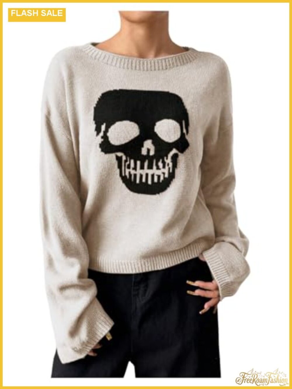 SHENHE Women's Casual Halloween Skull Pattern Crew Neck Pullover Sweater